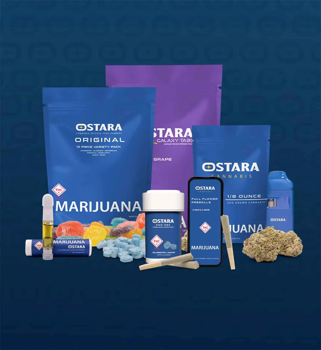 Ostara cannabis product collection display with various packaging, edibles, and accessories on blue background