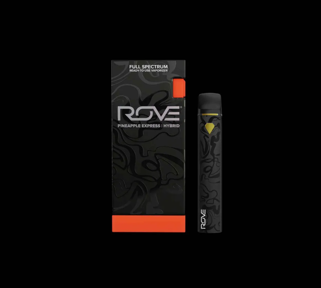 Rove cartridge packaging and vape pen displayed against black background